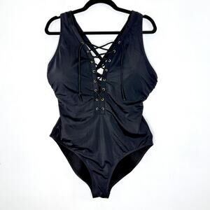 Ashley Graham X Swimsuits For All One Piece Swimsuit Womens 14 Black Lace Up